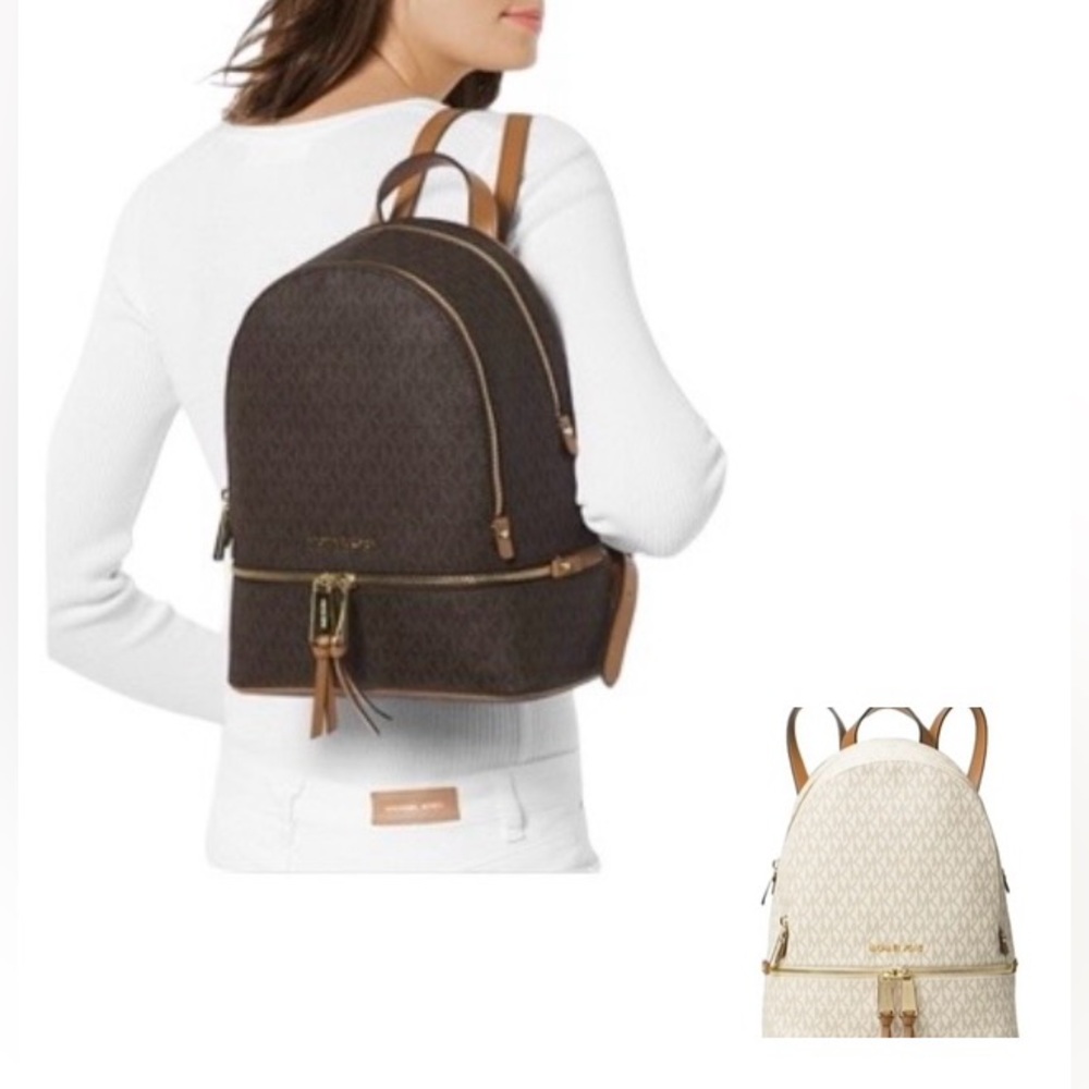 New💥Genuine Michael Kors Rhea Zip Rucksack Backpack Medium. Brown/ White
